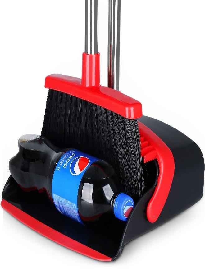 Tiumso Large Broom and Dustpan, Broom and Dustpan Set, Heavy Duty Dust Pan with 55" Long Handle Upright Dustpan Broom Set, Broom for Indoor Outdoor Garage Kitchen Room Office Lobby Use (Black and Red) - Image 1